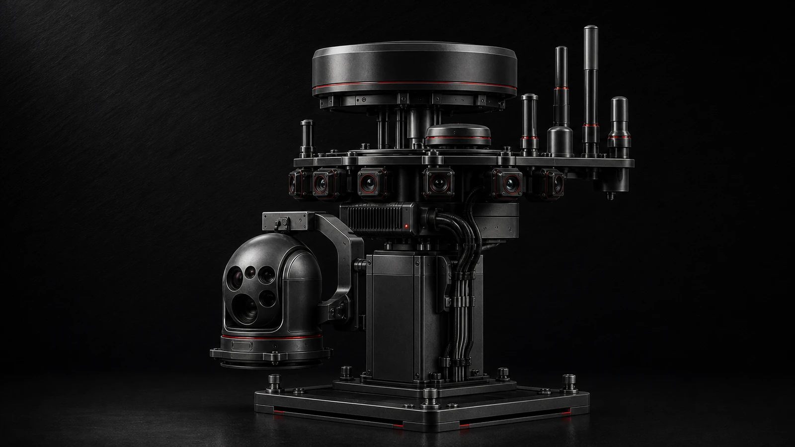 CAD rendering of the assembled multi-sensor gimbal turret, modeled to MTAG integration specifications